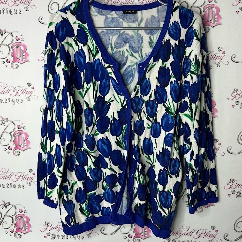 Paige cardigan button up tulips 🌷 flowers Blue Floral Women's Sweater